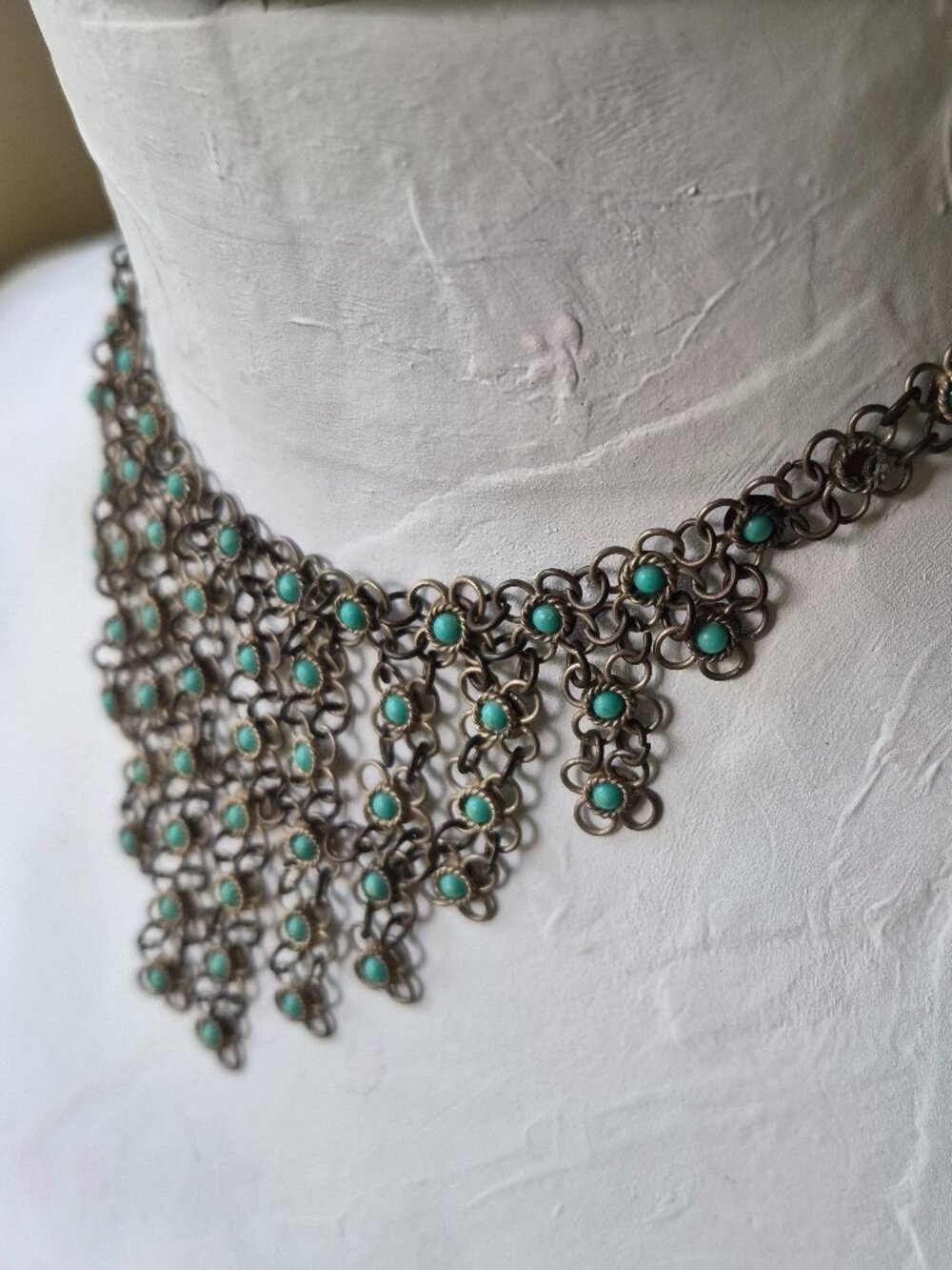Vintage Brass Chainmail Turquoise silver tone Bib Choker Tribal Boho Necklace - Picture 2 of 9